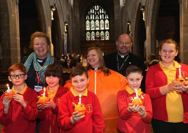 Cannon Clare MacLaren (left), Rev Kate Bottley (from TV show 'Gogglebox), Rev Mike Todd, The Childrens Society Church Fundraising Development Manager, with children from Jarrow Cross C of E Primary (L to R) Roan McGibbon, Gracie Davison, TJ Lowe, Jayden Tennet and Ellie Nichol.