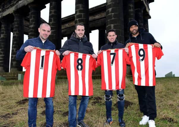 Sunderland players (left to right) Darron Gibson, John O'Shea, Brian Oviedo and Joleon Lescott back the club's Keep The Faith campaign at Penshaw Monument. Picture by Frank Reid