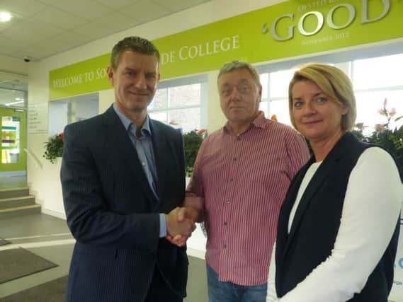 Entrepreneur Neil Stephenson, left, with South Tyneside College principal Alison Maynard, and former chair of governors Les Watson.