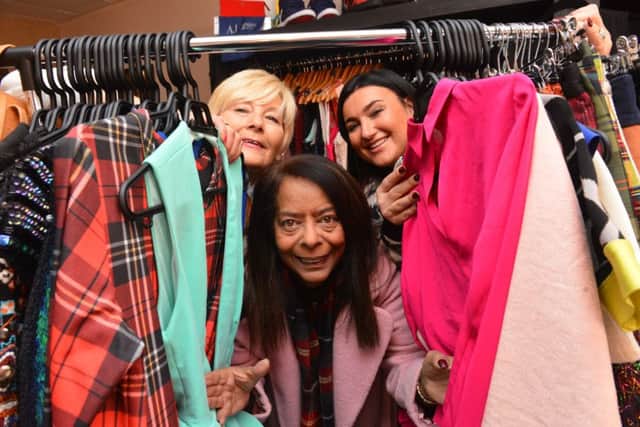 Little Mix's Jade Thirwall charity clothes sale for Cancer Connections at Empire Clothing From left charity Deborah Roberts, Jade's mother Norma Thirlwall and Empire Kerrie Katopodis