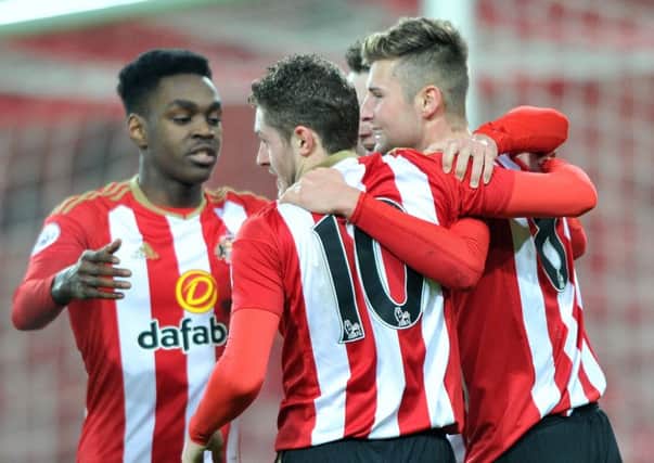 Ethan Robson (right) celebrates his opener in Sunderland's Premier League International Cup win over Athletic Bilbao. Picture by Frank Reid