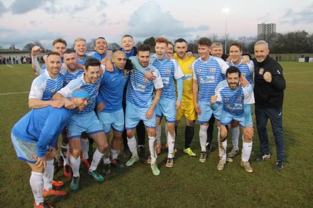 South Shields celebrate their 5-2 victory at Team Solent in the last round. Image by Peter Talbot.