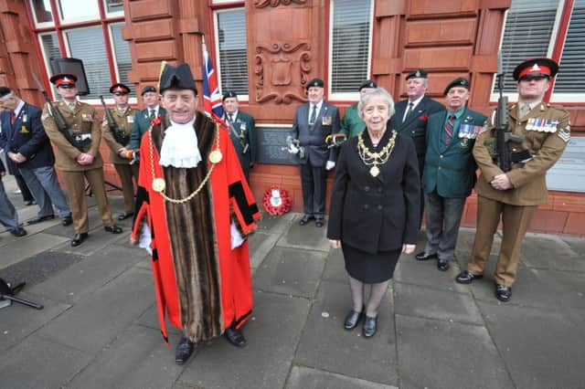 The Mayor of South Tyneside, Coun Alan Smith, and Mayoress Coun Moira Smith, unveil the new All Wars Memorial at Jarrow Town Hall.