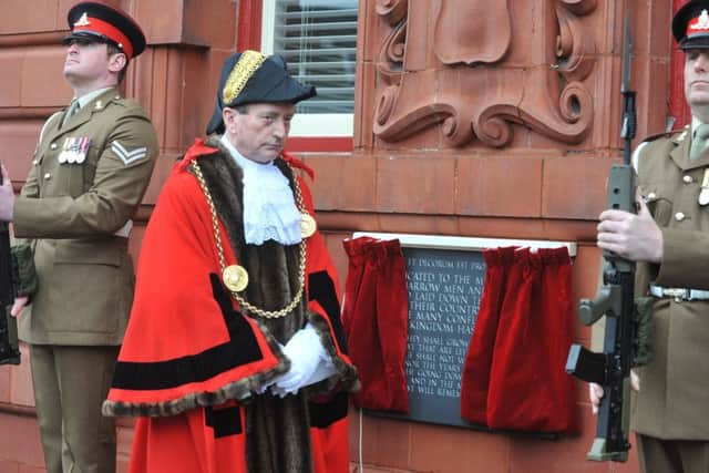 The Mayor of South Tyneside, Coun Alan Smith, unveils the new All Wars Memorial at Jarrow Town Hall.