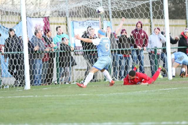 Gavin Cogdon watches a goal go in during South Shields' 5-2 fifth round win at Team Solent. Image by Peter Talbot.