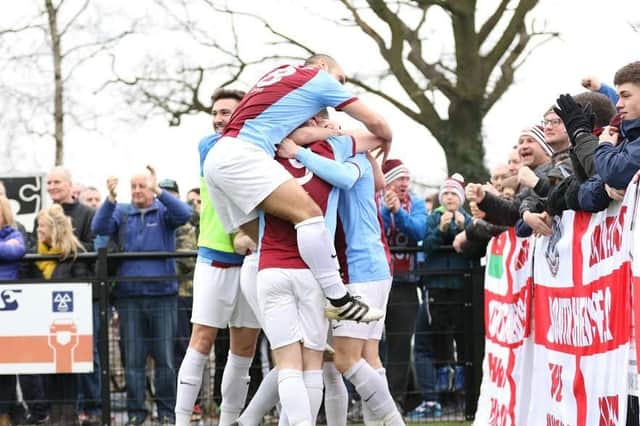 Shields celebrate their first goal. Pic: Peter Talbot