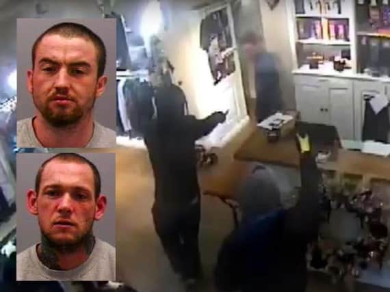 Mark Amis, top, and Gareth Downey are pictured robbing the Jules B designer clothes shop. Pics: Northumbria Police.