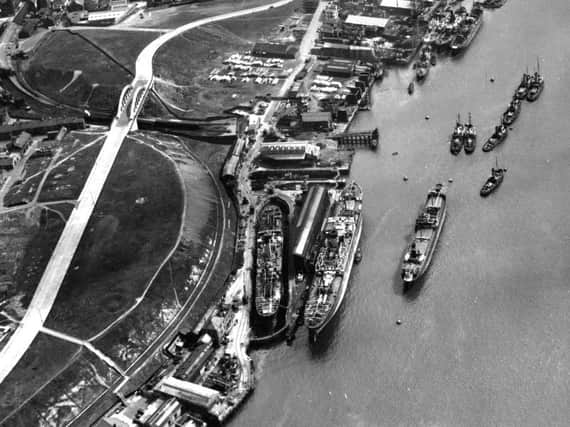 An aerial view of the docks on the River Tyne.