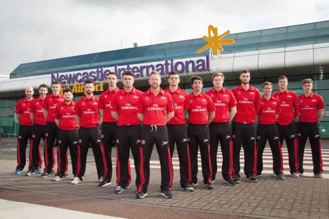 Paul Collingwood and the Durham squad reveal their new T20 kit at Newcastle International Airport before flying out to Dubai for an 11-day pre-season tour.