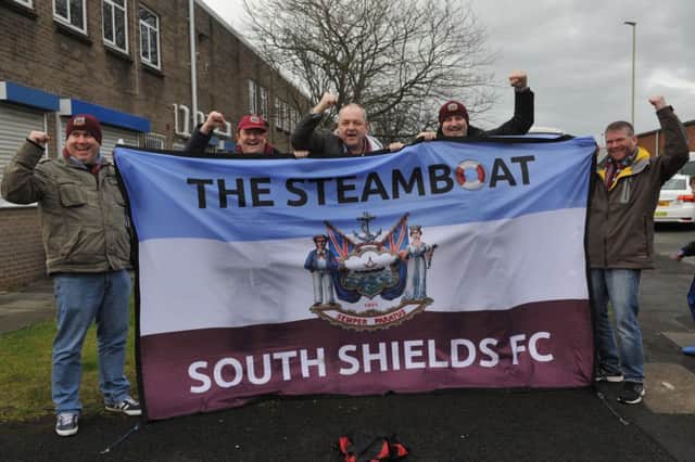 South Shields FC supporters from The Steamboat celebrating the club's FA Vase semi-final win.