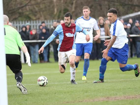 Julio Arca set the Mariners on the road to Wembley with the first goal yesterday. Pic: Peter Talbot.