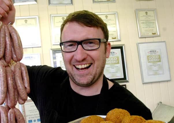 Award winning East Boldon butcher Gordon Robson with prize winning sausages and runny yolk scotch eggs.