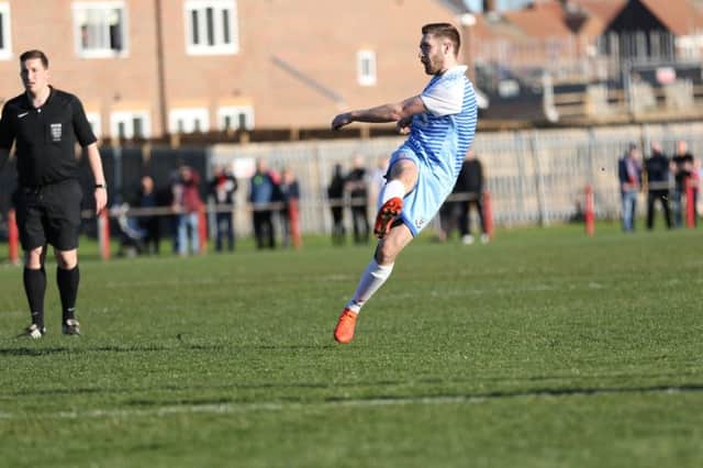Andrew Stephenson strikes home what would prove to be the winner for South Shields on Saturday. Images by Peter Talbot.