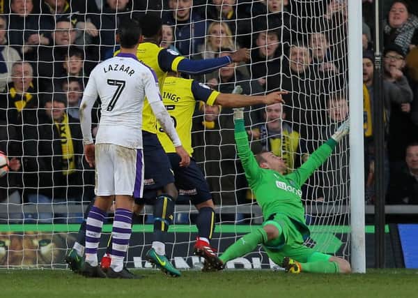 Newcastle United keeper Matz Sels is beaten by Curtis Nelsons header as Oxford go 2-0 up in the Emirates FA  fourth round encounter back in January.