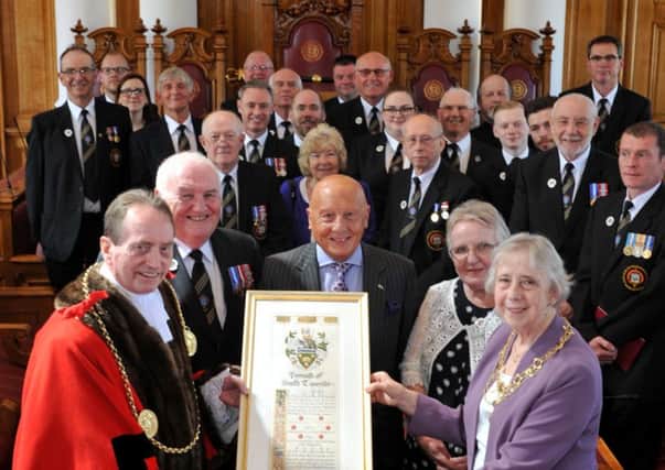 The Mayor, Tom Fennelly, Deputy Lord Lieutenant of Tyne and Wear, Frank Major, Janis Blower, the Mayoress and South Shields Volunteer Life Brigade members with the prestigious Freedom Scroll.