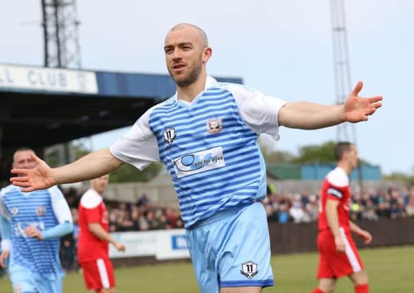Gavin Cogdon celebrates his third goal for South Shields in the League Cup final last Saturday. Image by Peter Talbot.