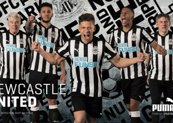 Magpie stars past and present in the new strips. From left, Malcolm McDonald, Jamaal Lascelles, Dright Gayle, Isaac Hayden and Peter Beardsley