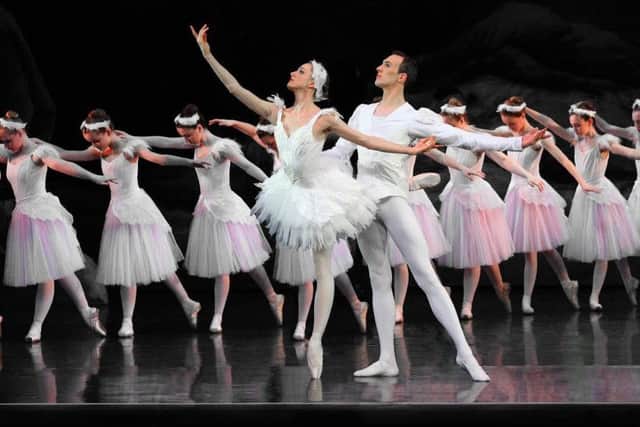 Adele Robbins, "Odette" and Oli Speers, "Prince Sergei",  with members of the Corps de Ballet, English Youth Ballet (EYB) "Swan Lake" production, dress rehearsal, live action stills at the Waterside Theatre, Aylesbusry, Buckinghamshire, 24 April 2015.