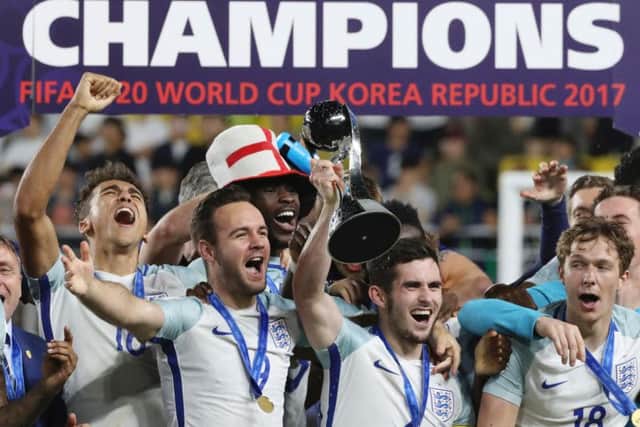 Adam Armstrong (No 9) celebrates winning the Under-20 World Cup