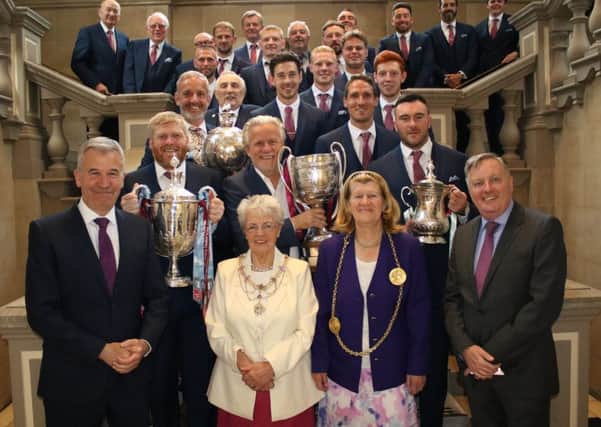 South Shields FC's players and staff with, from left in the front row, South Tyneside Council chief executive Martin Swales, the Mayoress of South Tyneside, Mary French, the Mayor, Coun Olive Punchion, and the leader of the council, Coun Iain Malcolm. Image by Peter Talbot.