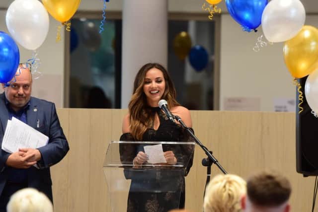 Jade Thirwall of Little Mix speaking at the Cancer Connections 10th anniversary celebrations at The Word, South Shields.