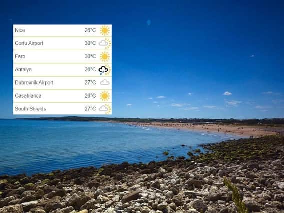 A BBC comparison of today's temperatures is superimposed against Gazette reader Mark Beadle's photo of South Shields beach.