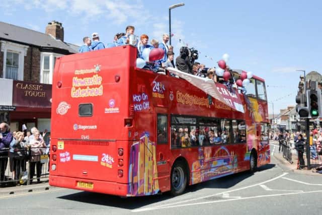 South Shields FC boarded a bus to lead the celebrations.
