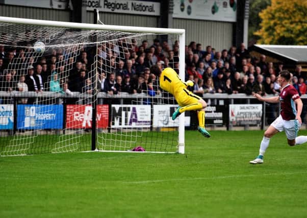Dillon Morse scores South Shields' first goal at Darlington. Picture by Kev Wilson.