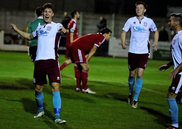 Dillon Morse celebrates after scoring for South Shields at Ossett Town. Picture by Kev Wilson