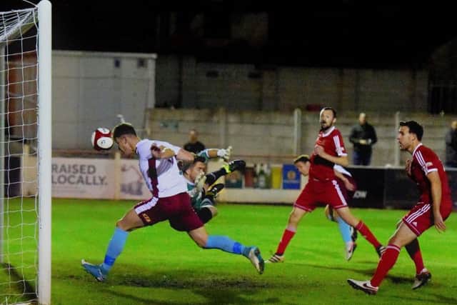 Dillon Morse heads home for South Shields at Ossett Town. Picture by Kev Wilson