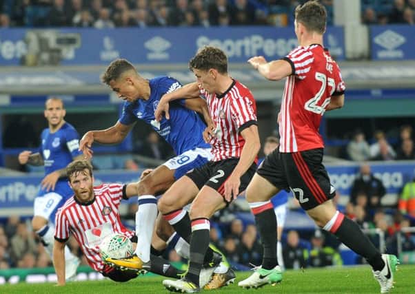 Dominic Calvert-Lewin sets himself up to fire home Everton's opener against Sunderland. Picture by Frank Reid