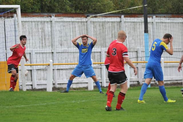 FA Vase second round action between Jarrow Roofing (blue) and Knaresborough.