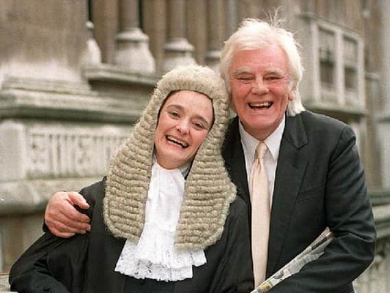 Picture taken in 1995 of Tony Booth with daughter Cherie, the wife of Tony Blair, celebrating outside the High Court after she was sworn in as a QC.