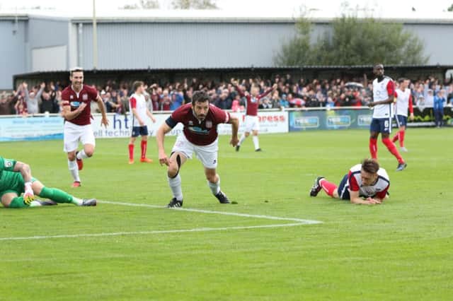 Julio Arca scores South Shields' second goal on Saturday. Image by Peter Talbot.