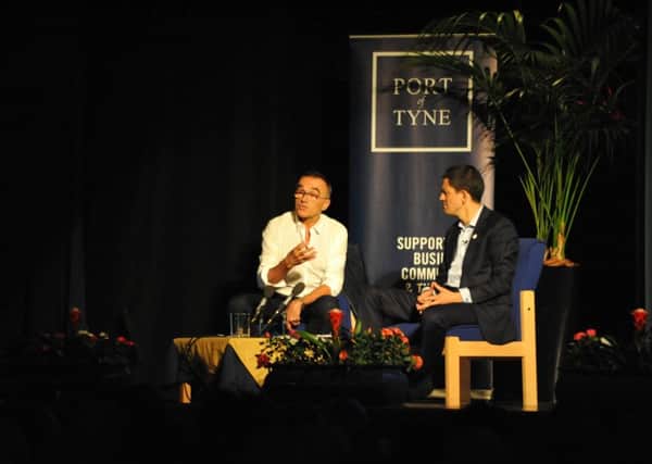 Producer Danny Boyle giving this year's South Shields Lecture at Harton Academy, hosted by David Miliband.