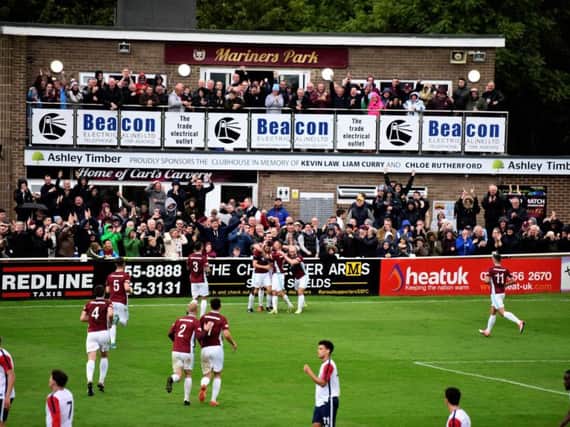 South Shields players and supporters celebrate Julio Arca's goal against York City. Image by Kev Wilson.
