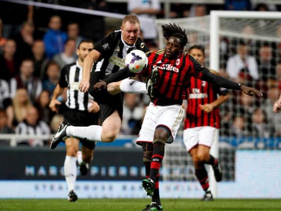 Steve Watson in action against AC Milan in Steve Harper's testimonial