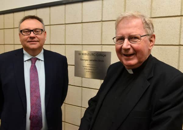 Bishop Seamus Cunningham opens new build at St Wilfrids RC College with executive head Brendan Tapping