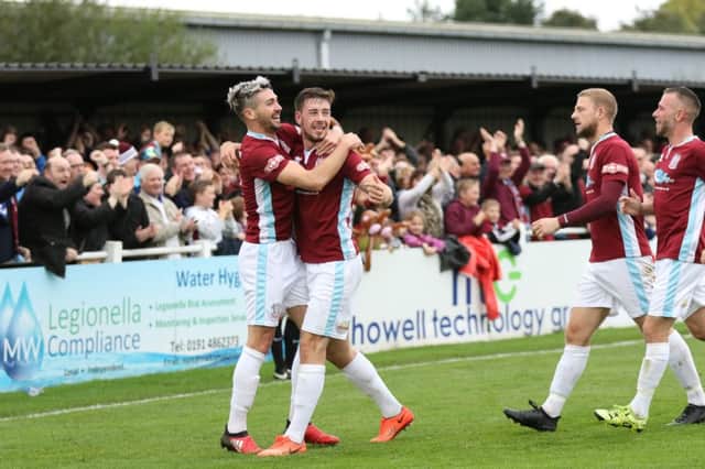 Carl Finnigan celebrates putting South Shields ahead against Hartlepool United. Picture by Peter Talbot.