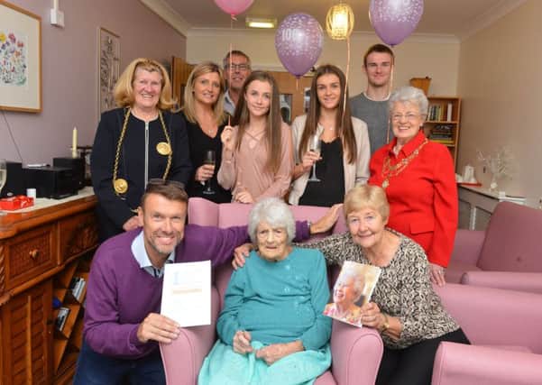 Maisie Spoor celebrates her 100th birthday with family, South Shields mayor Olive Punchion and consort Mary French (R)