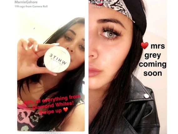 Picture issued by the Advertising Standards Authority (ASA) of two Snapchat posts by former Geordie Shore star Marnie Simpson have been banned for failing to clearly indicate that they were ads