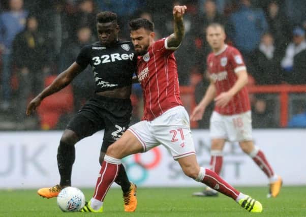 Bristol City's Marlon Pack (red) takes on Leeds' Ronaldo Vieira in last week's 3-0 defeat to the Yorkshire side.