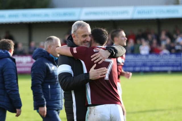 Joint manager Lee Picton with Robert Briggs, who scored twice in midweek. Image by Peter Talbot.