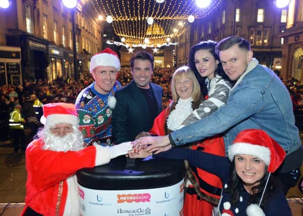 Newcastle Christmas lights switch on with Joe McElderry appearing as 'Joseph Technicolor Dreamcoat' The Lord Mayor of Newcastle, Cllr Linda Wright ,  former X Factor contestant Sam Lavery, Santa Claus musician J Page and Steve & Karen presenters on Metro Radio's Breakfast Show