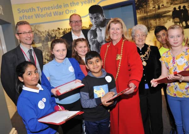 Pupils from Hadrian Primary and Marine Park Primary Schools taking part in a poetry slam at South Shields Museum and Art Gallery, with Geoff Woodward, Arts Councils CEO Darren Henley, and the Mayor Coun Olive Punchion and Mayoress Mary French.