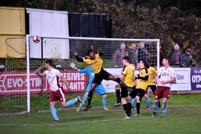 Carl Finnigan sees his second half header come back off the post. Picture by Kev Wilson.