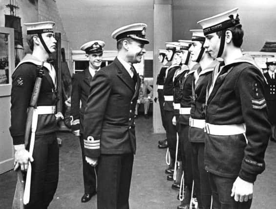 Cdr G Shaw, Area Officer of the Sea Cadet Corp, from Rosyth, inspects the guard of honour at T S Collingwood, during the annual visit.