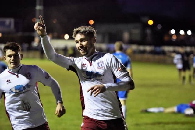 Carl Finnigan celebrates scoring South Shields' winning goal. Picture by Kev Wilson.