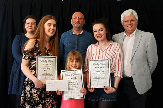 Last year's judges Maxine Davies, Alistair Robinson and Tom Kelly with winners Lauren Aspery, Charlotte Macmillan and Morgan Place.