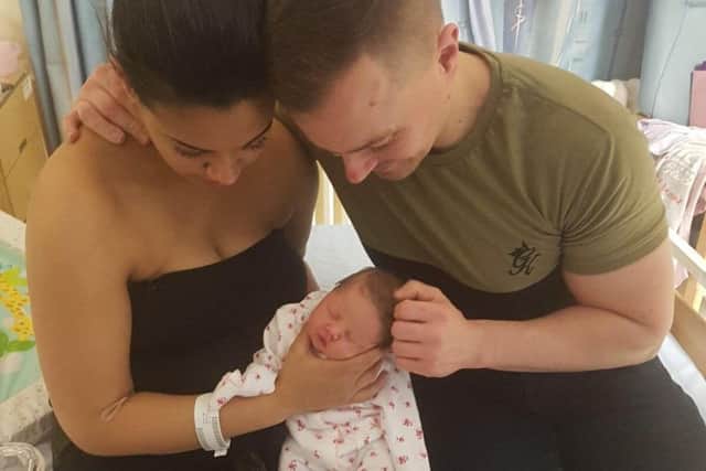 Dad Michael Grimes and partner Louise White with baby daughter Harper-Grace